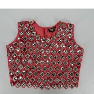 Modana Pink Mirror Work Floral Embroidered Sleeveless Crop Top Blouse Size 32